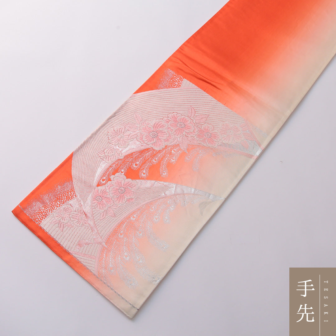 袋帯 帯丈424cm フォーマル 六通 Aランク 正絹 染め帯 牡丹 ピンク系 朱系 1223-01968