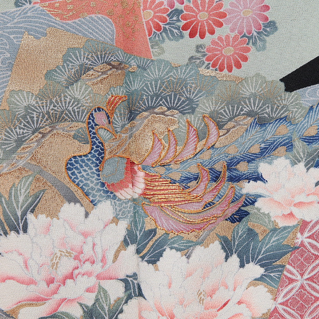 黒留袖 袷 身丈162cm 裄丈64cm 五つ紋 梅鉢 フォーマル Sランク Lサイズ 正絹 比翼仕立て 広衿 鶴 松 金駒刺繍 1211-F0760