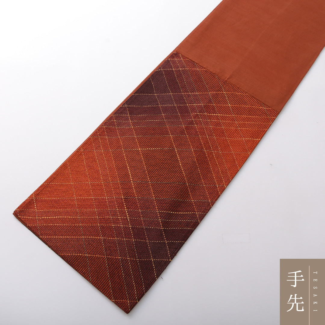 袋帯 帯丈440cm インフォーマル 六通 Aランク 正絹 格子 朱系 1223-02078