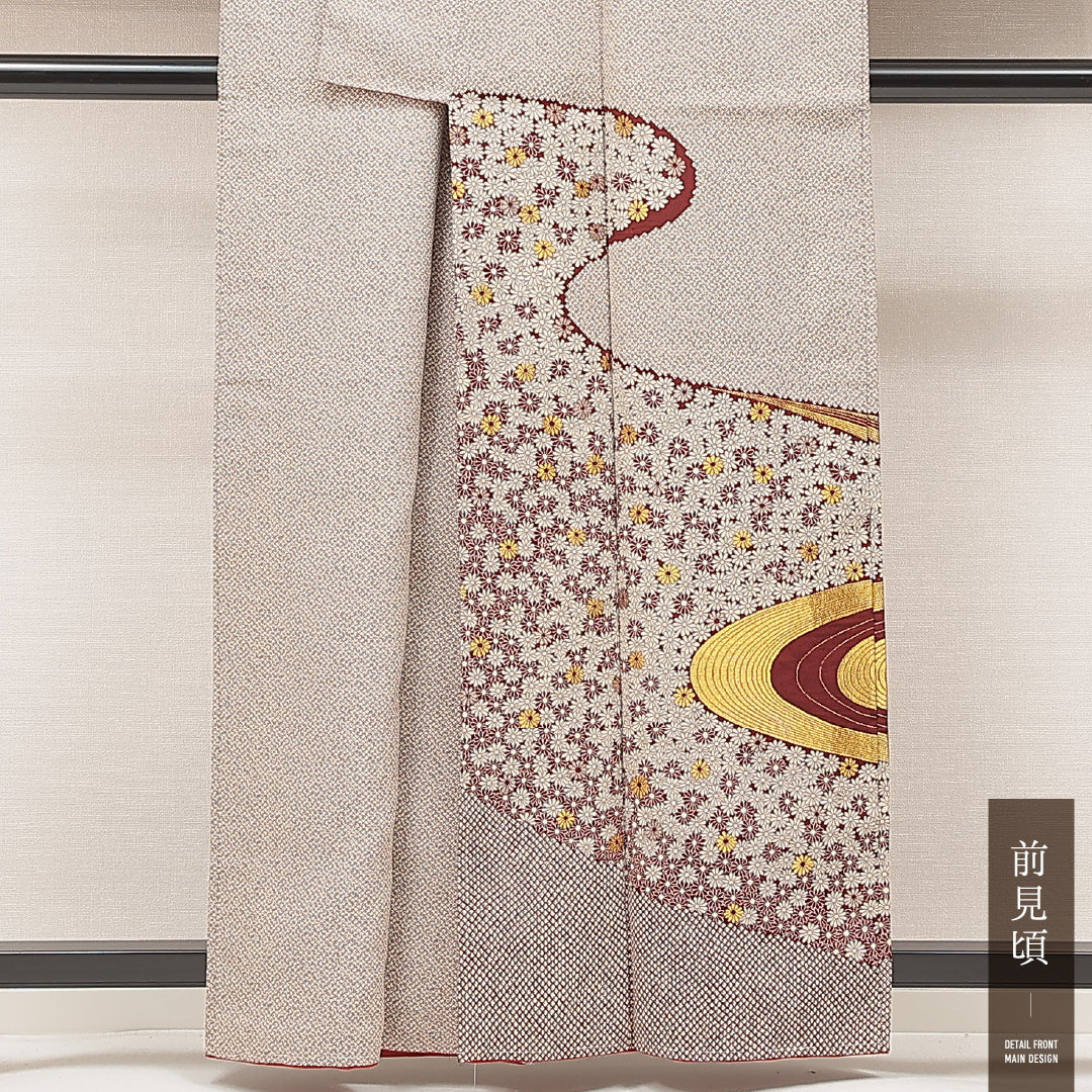 付下げ（紬） 袷 身丈159cm 裄丈63cm 正絹 Cランク Mサイズ 広衿 インフォーマル 流水 菊 茶系 1261-16925