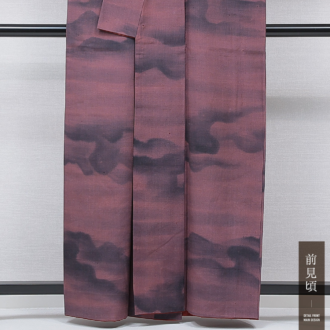 紬 袷 身丈158cm 裄丈63cm 正絹 Bランク カジュアル 広衿 Mサイズ 染め紬 雲 紫系 RP 1223-15777