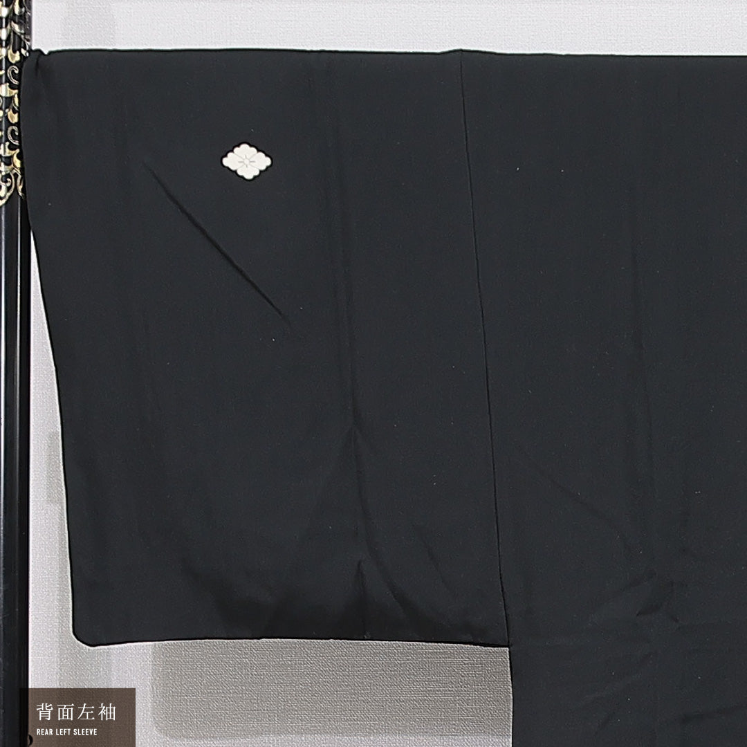 羽織 男性用 袷 身丈94cm 裄丈72cm 正絹 Cランク 五つ紋 (花菱) フォーマル XLサイズ 紐あり 無地 黒系 LP 1235-15769