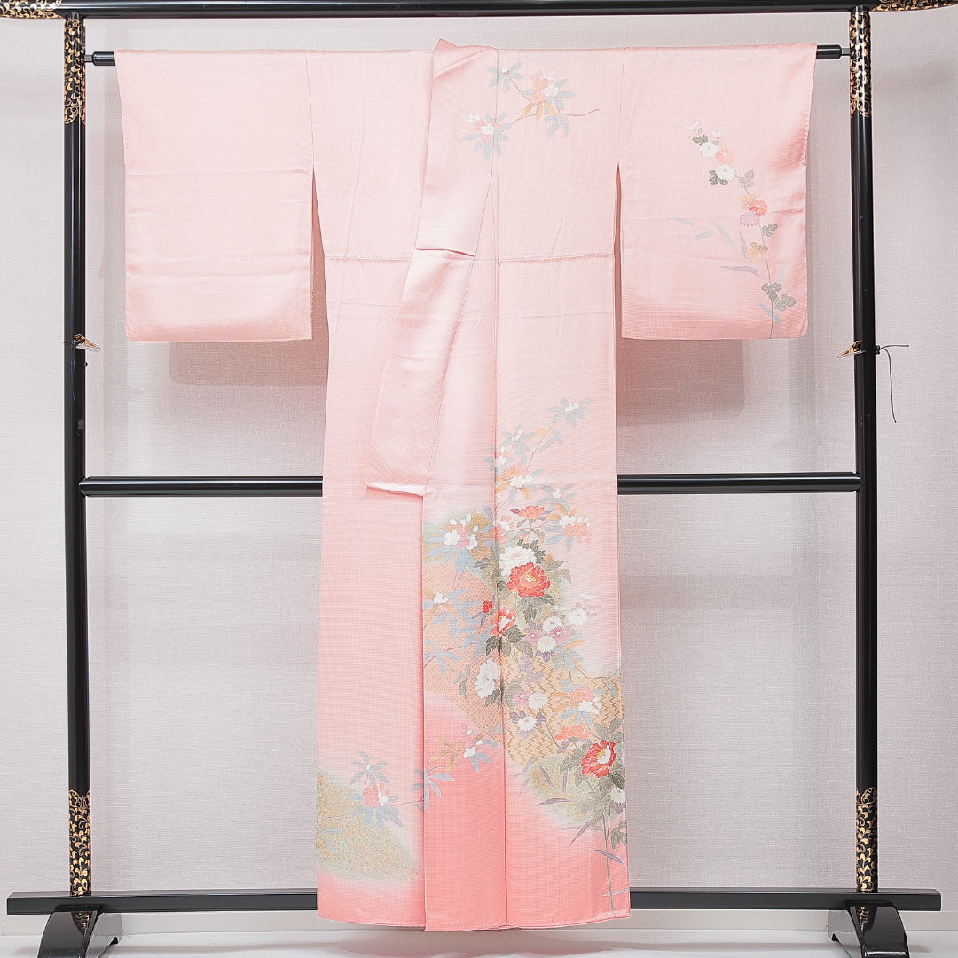訪問着 袷 身丈153cm 裄丈64cm 正絹 Cランク セミフォーマル 広衿 Sサイズ 金彩 七宝 牡丹 ピンク系 LP 1217-15196