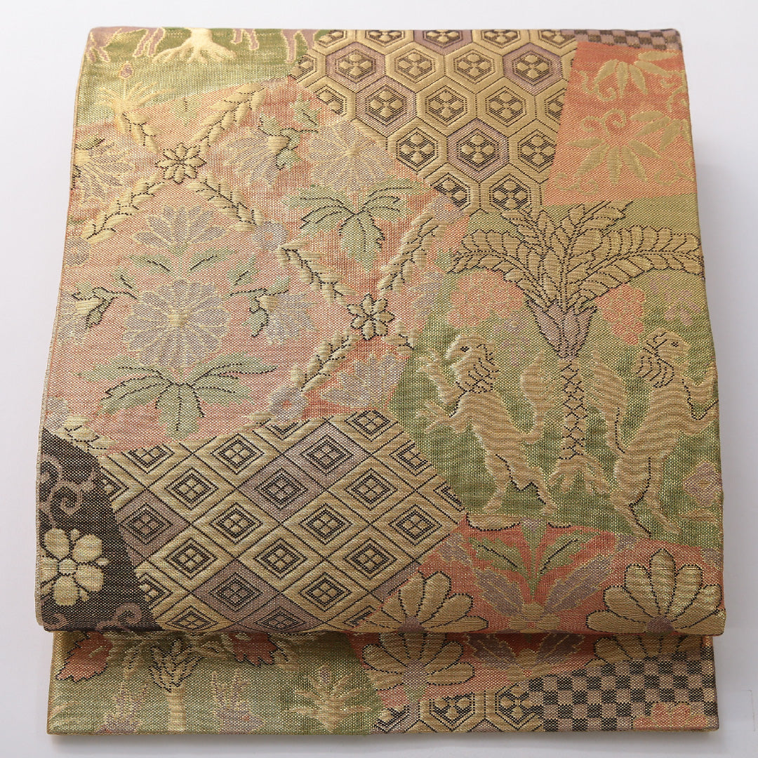 袋帯 帯丈412cm フォーマル 六通 Sランク 正絹 樹下双獣文 菱 金系 1223-02073