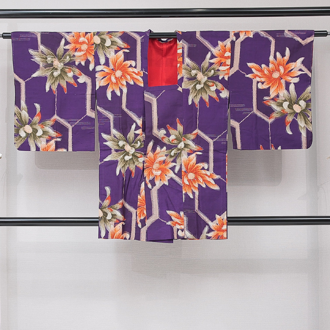 アンティーク 道行コート（銘仙） 袷 身丈86cm 裄丈64cm 正絹 Aランク Mサイズ 亀甲 花柄 青系 1263-15179