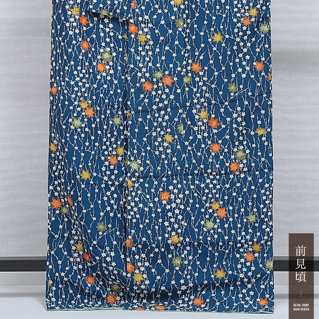 小紋 袷 身丈167cm 裄丈64cm 正絹 Bランク インフォーマル 広衿 XLサイズ 菊 楓 青系 HP 1221-15938