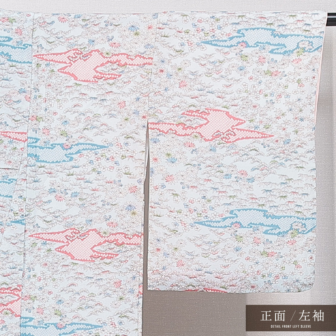 小紋 洗える着物 袷 身丈159cm 裄丈63cm ポリエステル Sランク Mサイズ 広衿 インフォーマル 菊 笠松 水色系 1215-15808