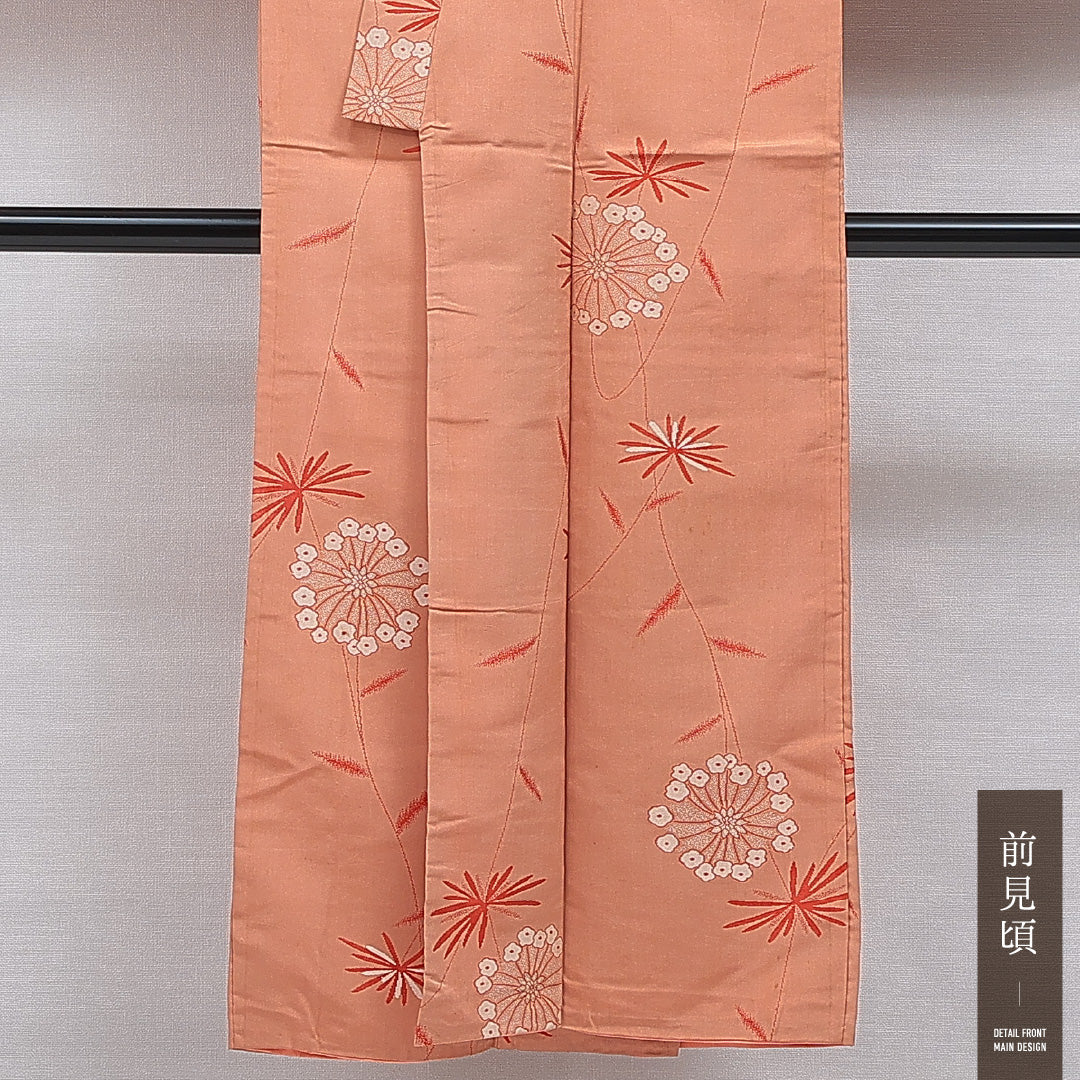 アンティーク 紬 袷 身丈146cm 裄丈62cm 正絹 Bランク バチ衿 XSサイズ 花柄 朱系 RP 1223-16064