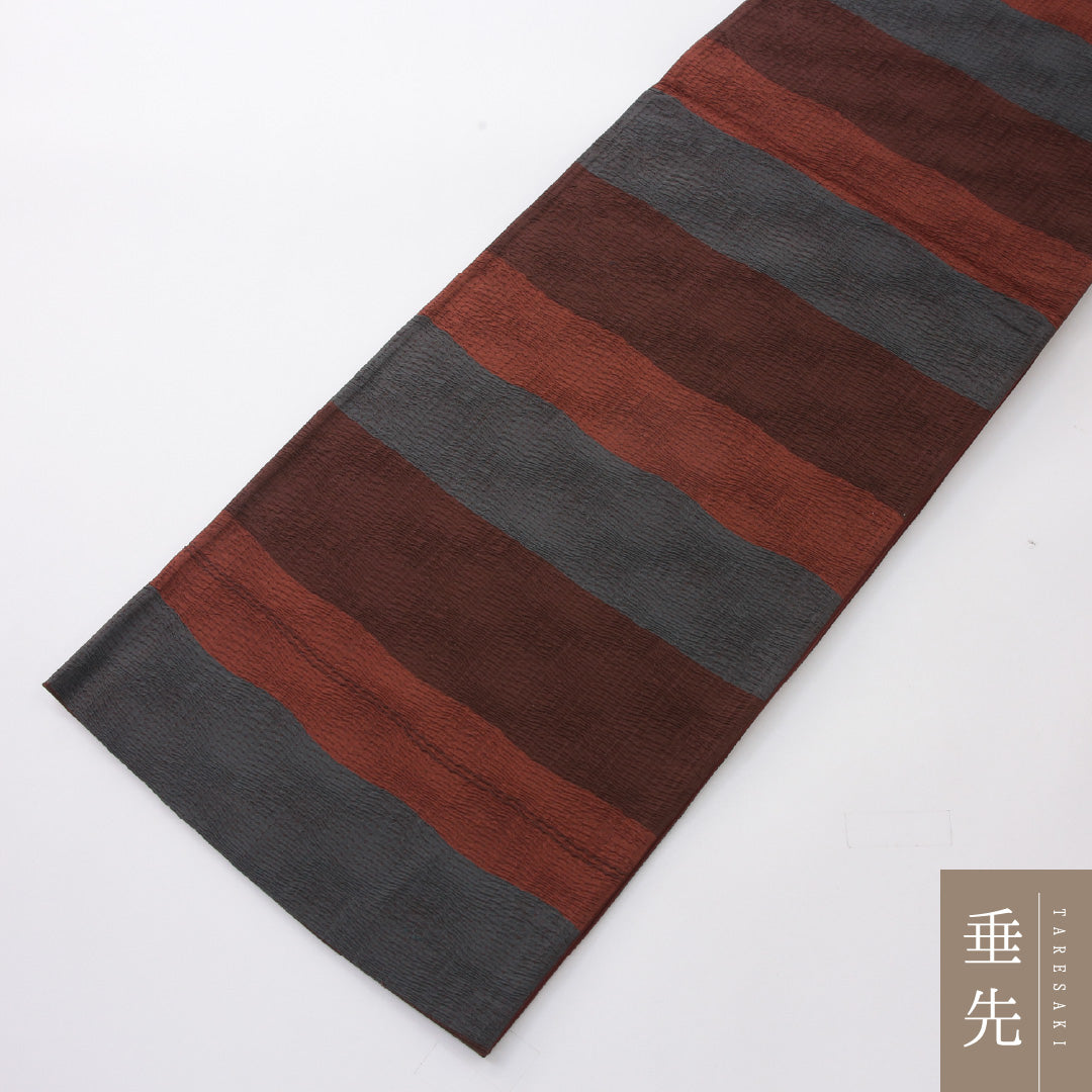 袋帯 帯丈436cm インフォーマル 六通 帯芯なし Sランク 正絹 ふくれ織 よろけ縞 赤系 1223-02240