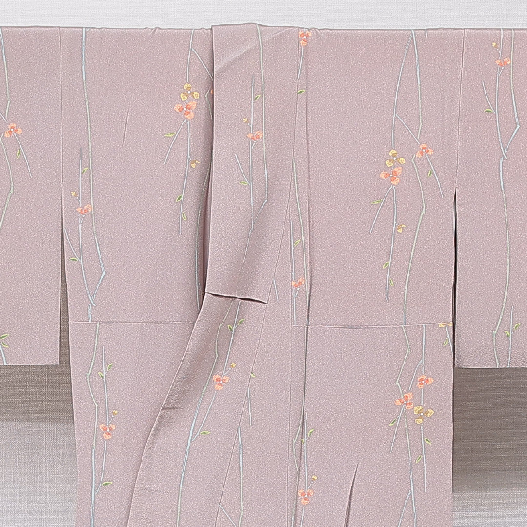 小紋 袷 身丈156cm 裄丈62cm 正絹 Sランク Mサイズ 広衿 インフォーマル 植物柄 グレー系 1215-15644