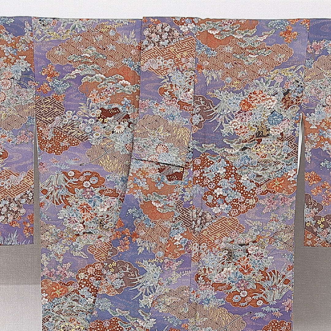 小紋 袷 身丈161cm 裄丈64cm 正絹 Sランク インフォーマル 広衿 Lサイズ 吉祥文様 紫系 RP 1221-15551