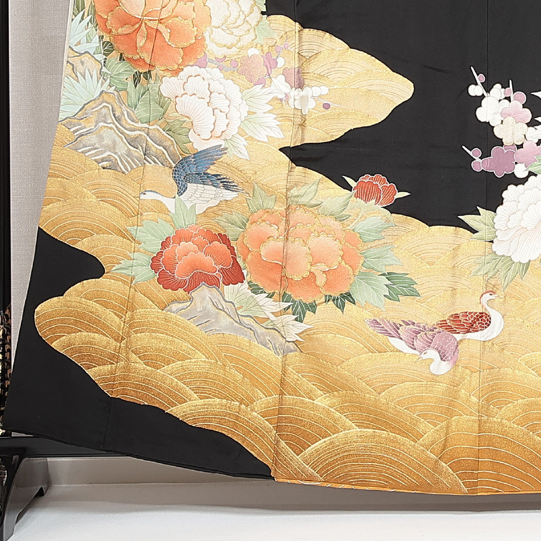 黒留袖 袷 身丈160cm 裄丈61cm 五つ紋 浮線柏 フォーマル Aランク Lサイズ 正絹 比翼仕立て 広衿 鶴 金駒刺繍 1211-F0630