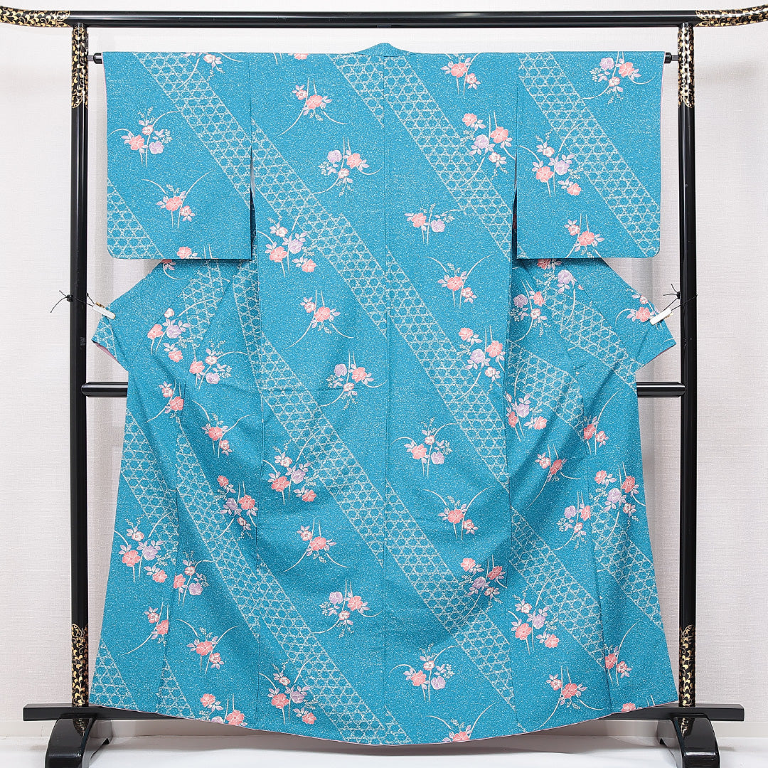 洗える着物 小紋 袷 身丈163cm 裄丈64cm ポリエステル Aランク インフォーマル 広衿 Lサイズ 籠目 花柄 青系 HP 1221-15071