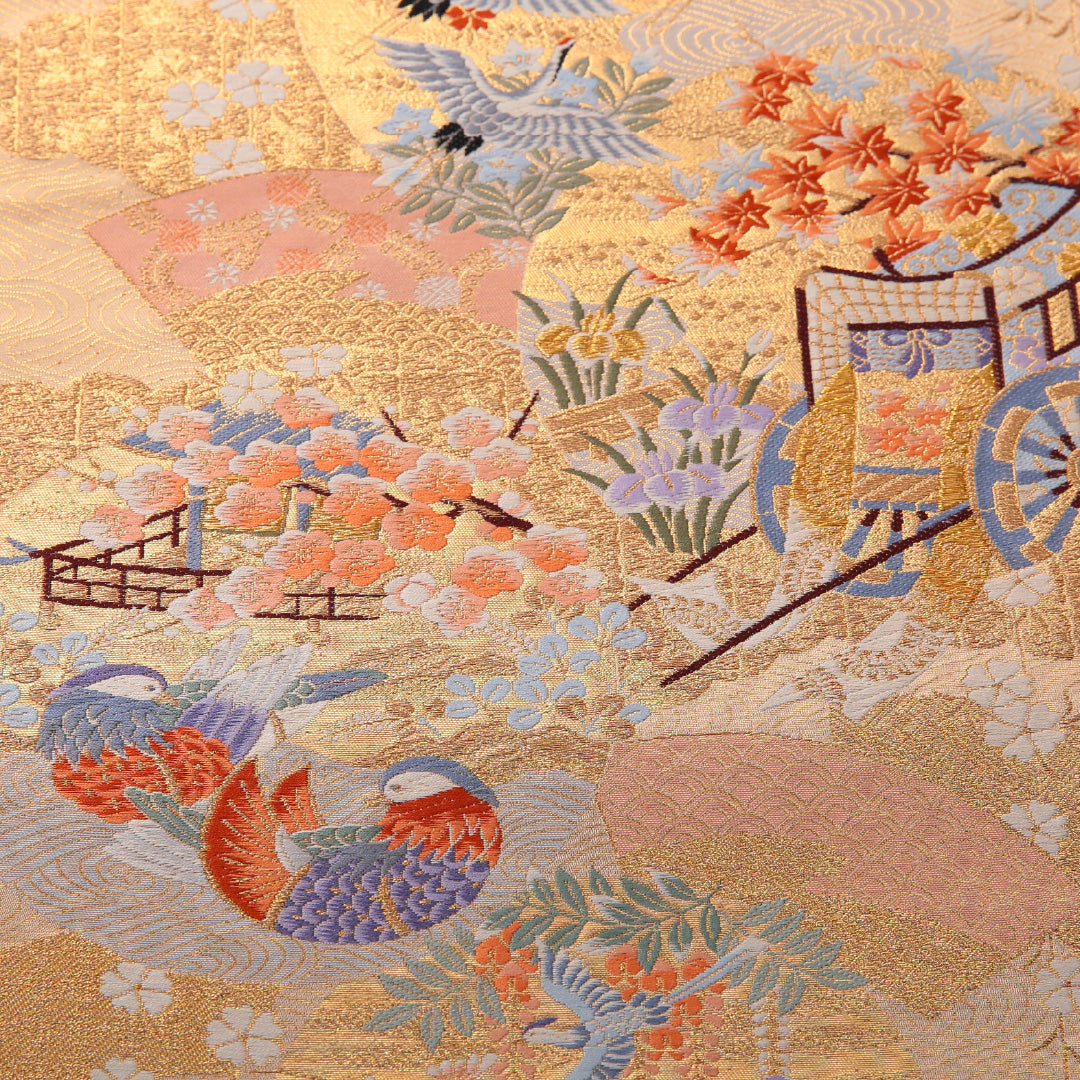 袋帯 帯丈426cm フォーマル 六通 Sランク 正絹 花車 金系 1223-01979