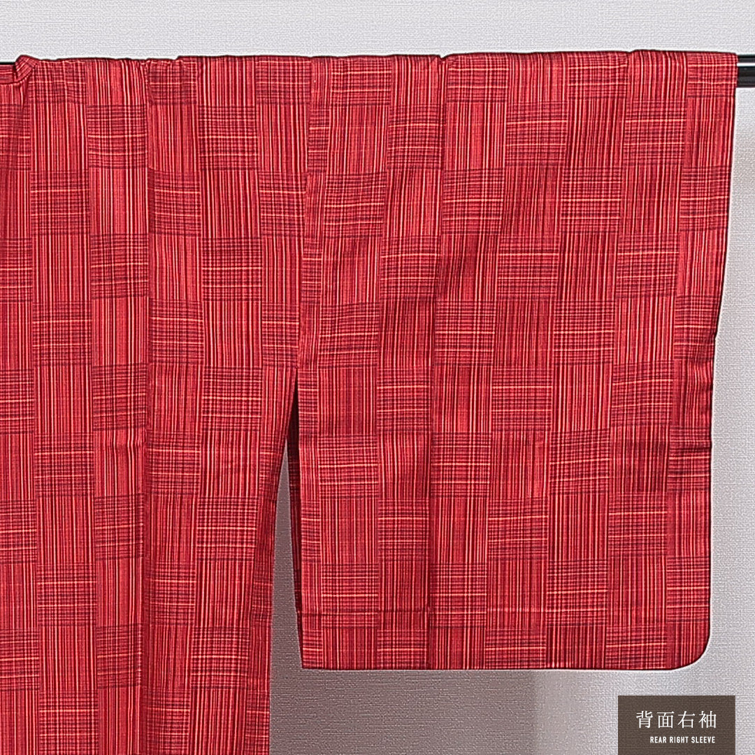 道行コート 単衣 身丈126cm 裄丈63cm 正絹 Sランク Sサイズ ポケットあり 格子 赤系 RP 1237-16135
