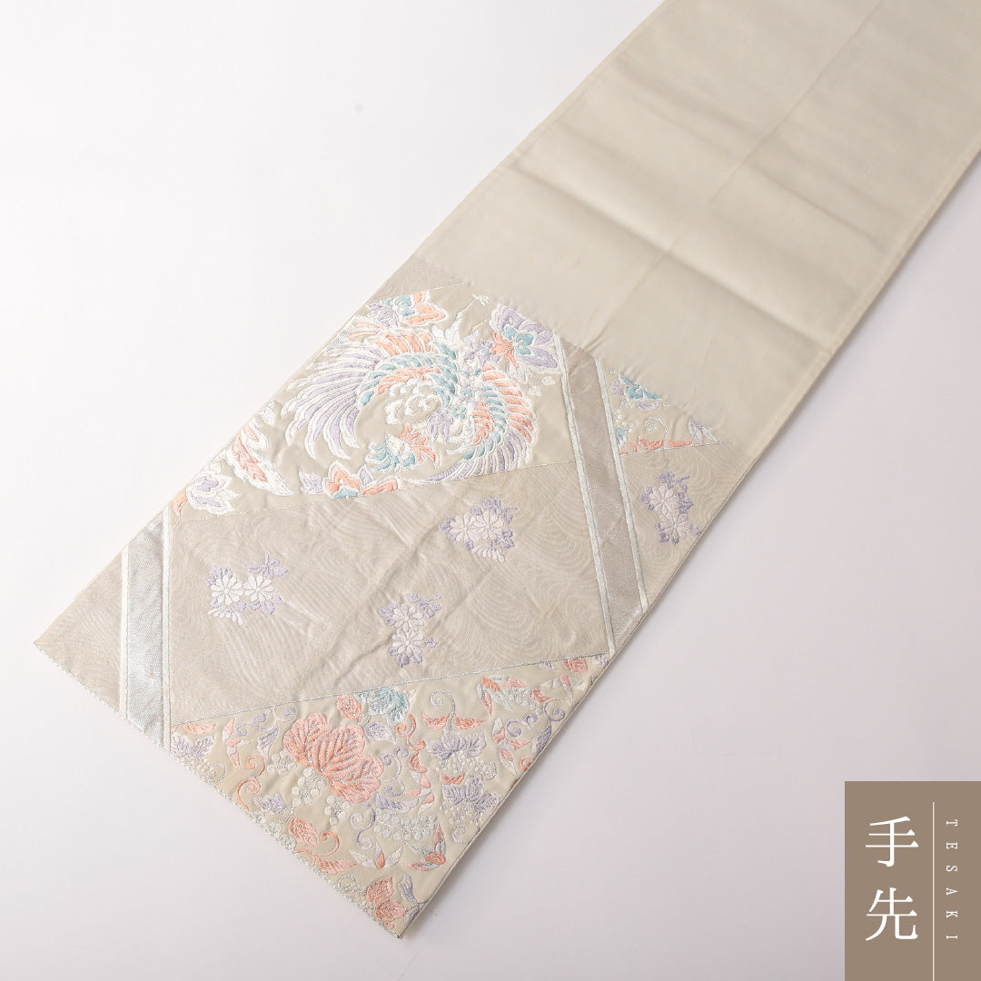 袋帯 帯丈414cm 正絹 六通 帯端のみ未仕立て フォーマル 裂取り 鳳凰 クリーム系 銀系 1243-01809