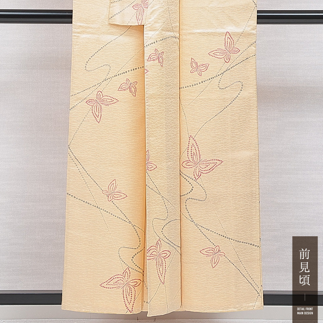 洗える着物 小紋 袷 身丈154cm 裄丈62cm ポリエステル Cランク インフォーマル 広衿 Sサイズ 蝶 クリーム系 LP 1221-16308