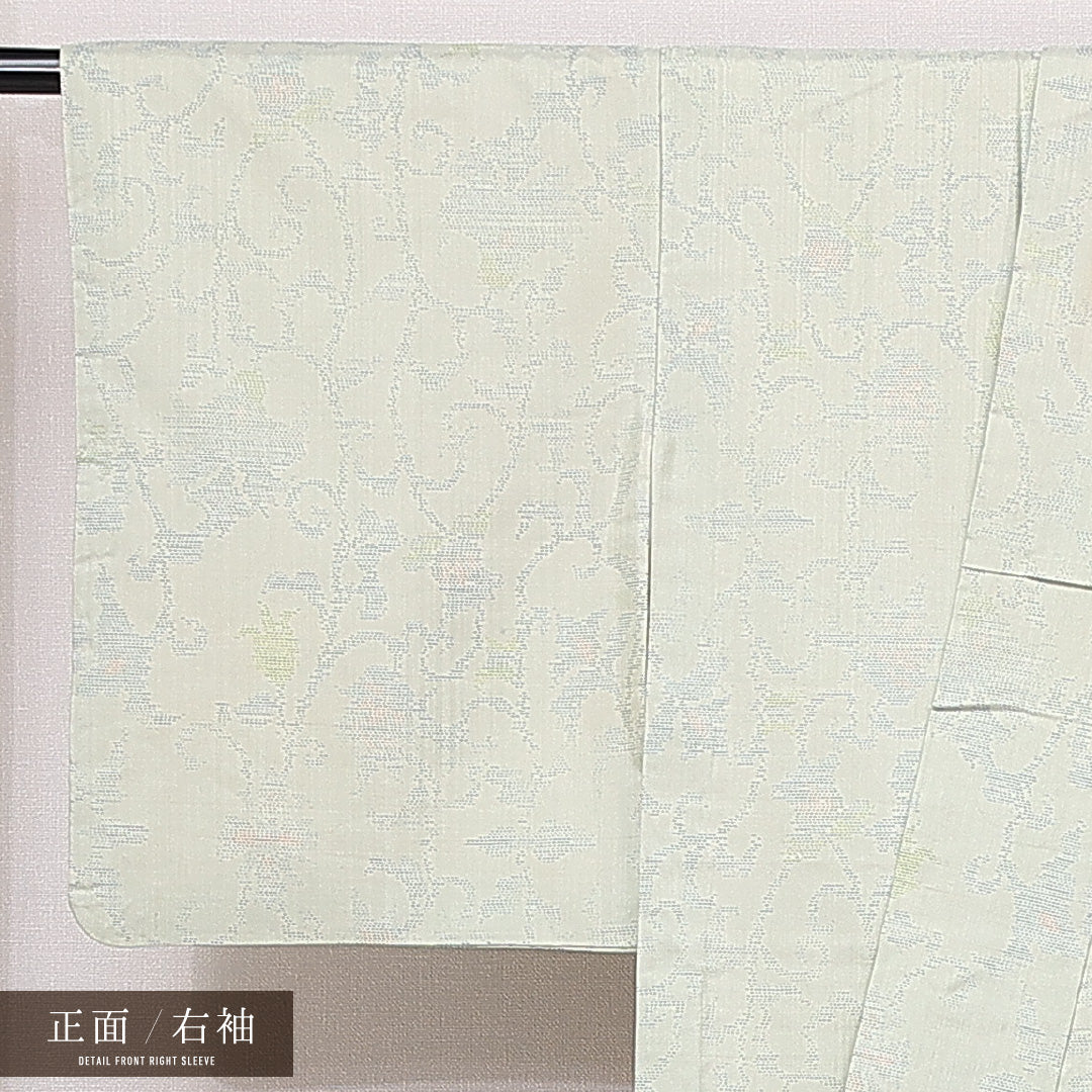大島紬 袷 身丈157cm 裄丈62cm 正絹 Bランク インフォーマル 広衿 Mサイズ 唐草 緑系 RP 1223-15030