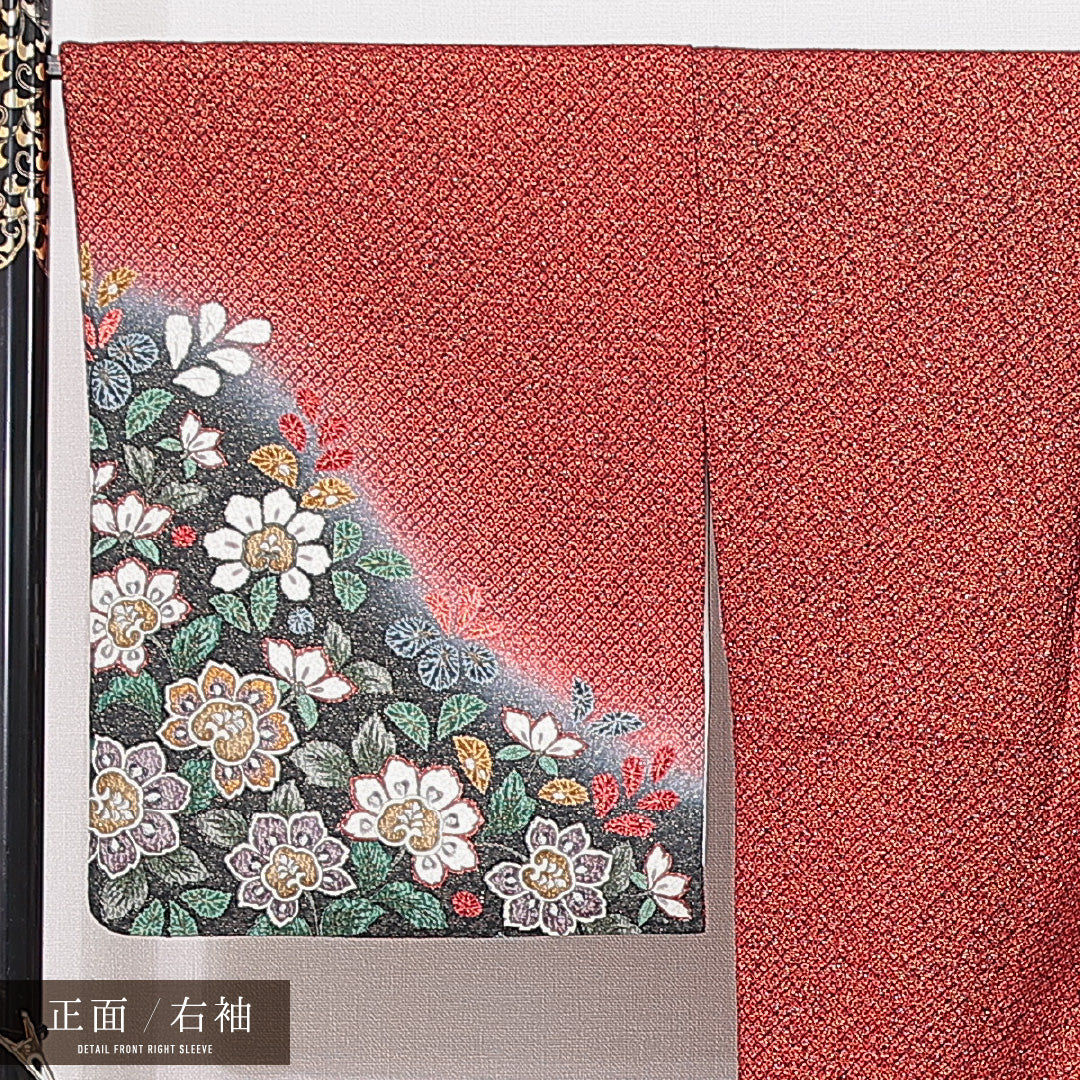 訪問着 袷 身丈168cm 裄丈70cm 正絹 Sランク セミフォーマル 広衿 XLサイズ ふくれ織 花柄 赤系 M4 1217-15091