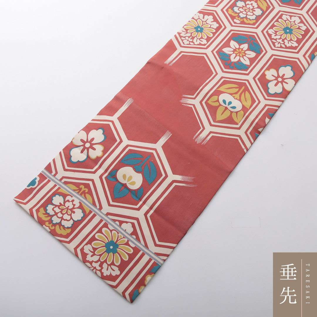 九寸名古屋帯 Cランク 帯丈339cm 正絹 全通 名古屋仕立て 染め インフォーマル 亀甲 菊 くすんだピンク系 HP 1245-03724