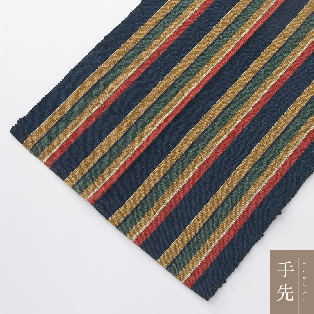 八寸名古屋帯 Aランク 帯丈448cm 正絹 全通 開き仕立て 織り カジュアル 紬 縞 多色系 RP 1245-04094