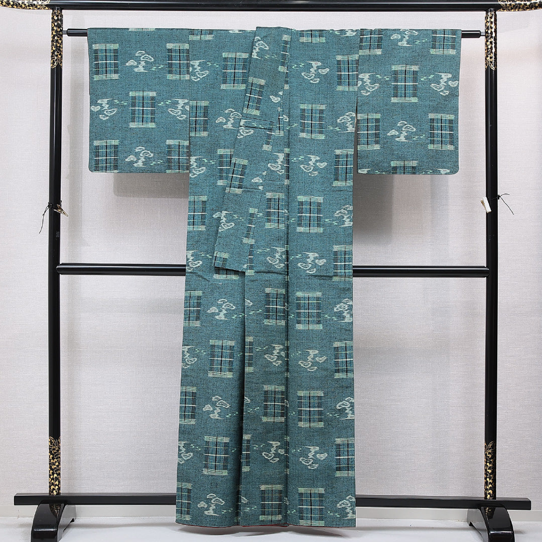 十日町紬 袷 身丈160cm 裄丈64cm 正絹 Aランク カジュアル 広衿 Lサイズ 創作柄 青系 RP 1223-15535