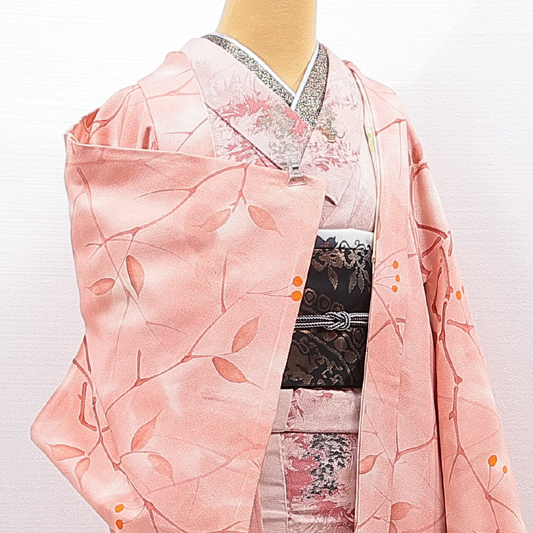 羽織 袷 身丈79cm 裄丈62cm 正絹 Cランク カジュアル Sサイズ 植物柄 ピンク系 HP 1232-15459