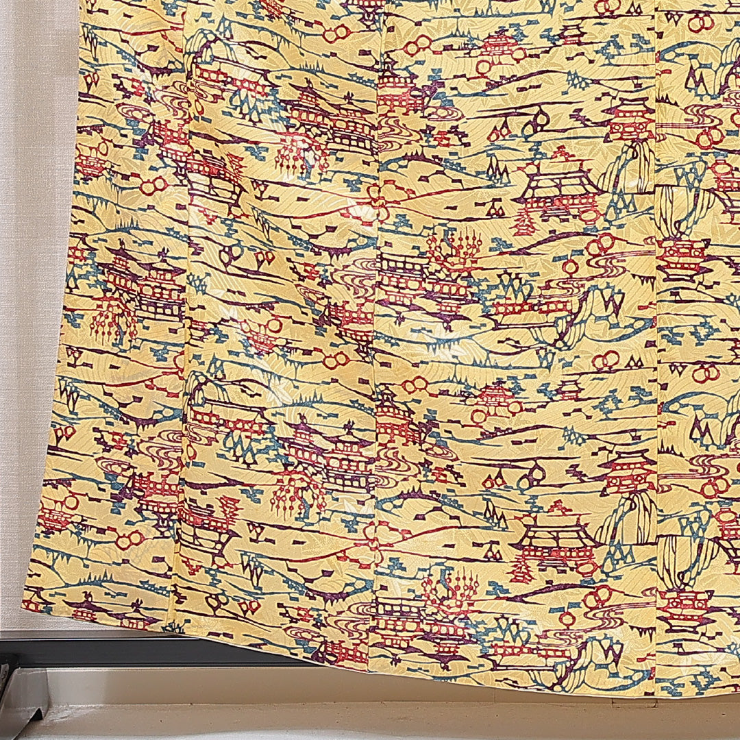 小紋 洗える着物 袷 身丈160cm 裄丈63cm ポリエステル Cランク Lサイズ 広衿 インフォーマル 楼閣 黄系 1215-15786