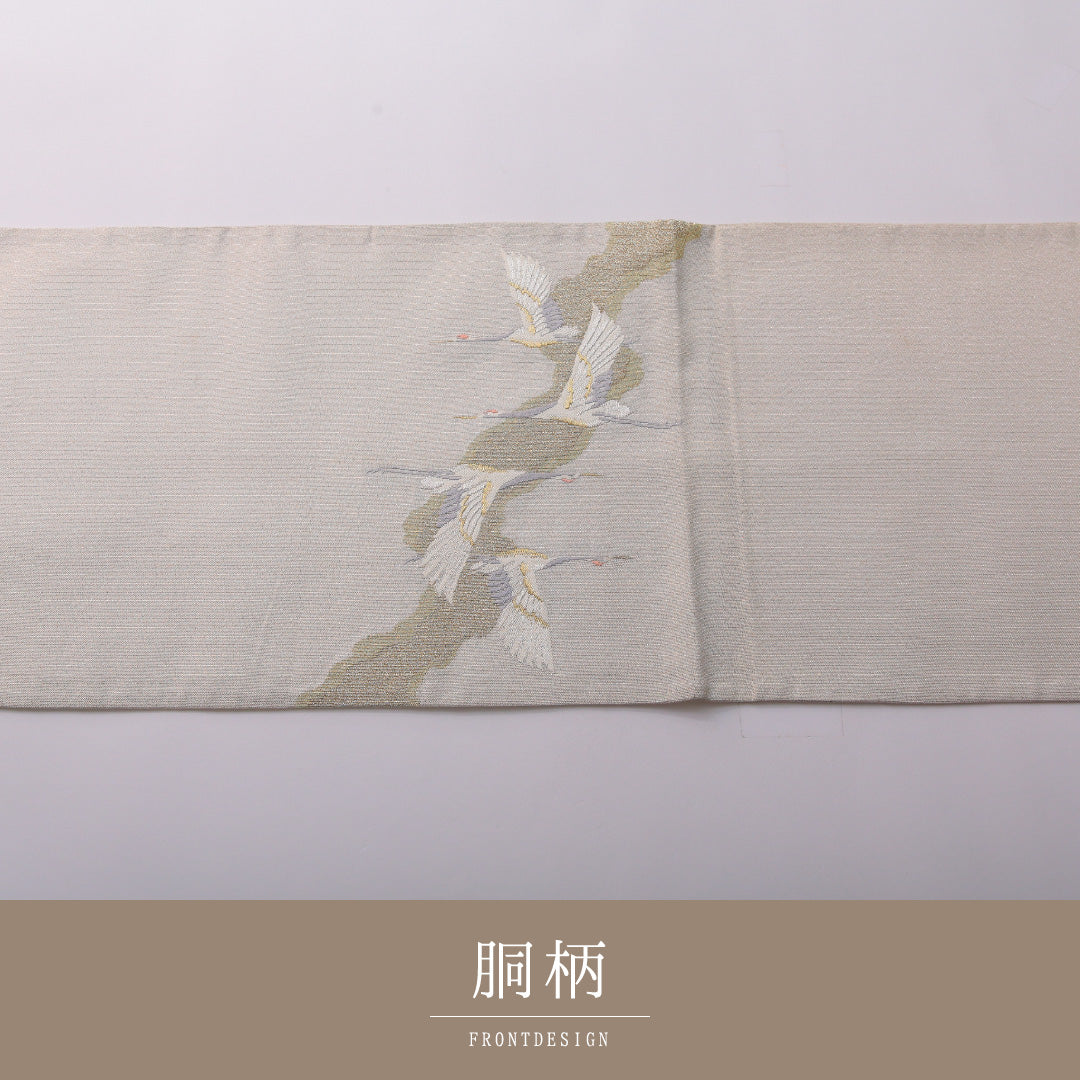 袋帯 帯丈428cm フォーマル ポイント柄 Aランク 正絹 鶴 雲 銀系 1223-01976