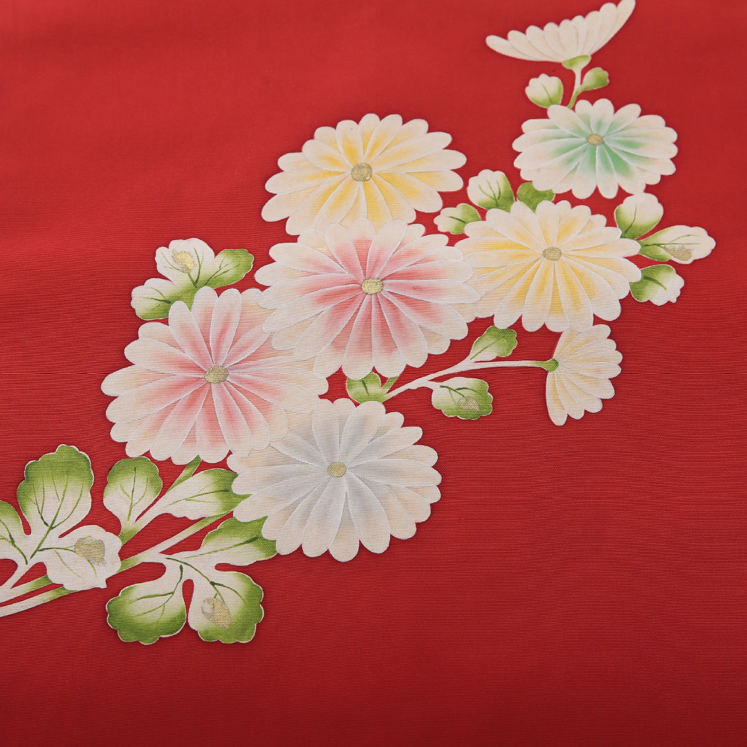 九寸名古屋帯 帯丈358cm セミフォーマル 名古屋仕立て ポイント柄 Aランク 正絹 染め帯 塩瀬 菊 赤系 1224-03514