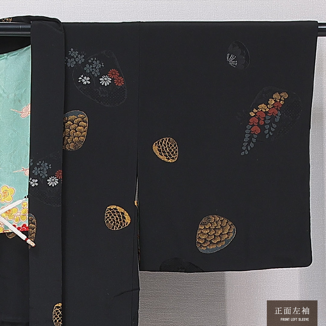 アンティーク 黒羽織 袷 身丈82cm 裄丈63cm 正絹 Bランク 一つ紋 (三階菱) Sサイズ 紐あり 植物柄 黒系 RP 1233-16784