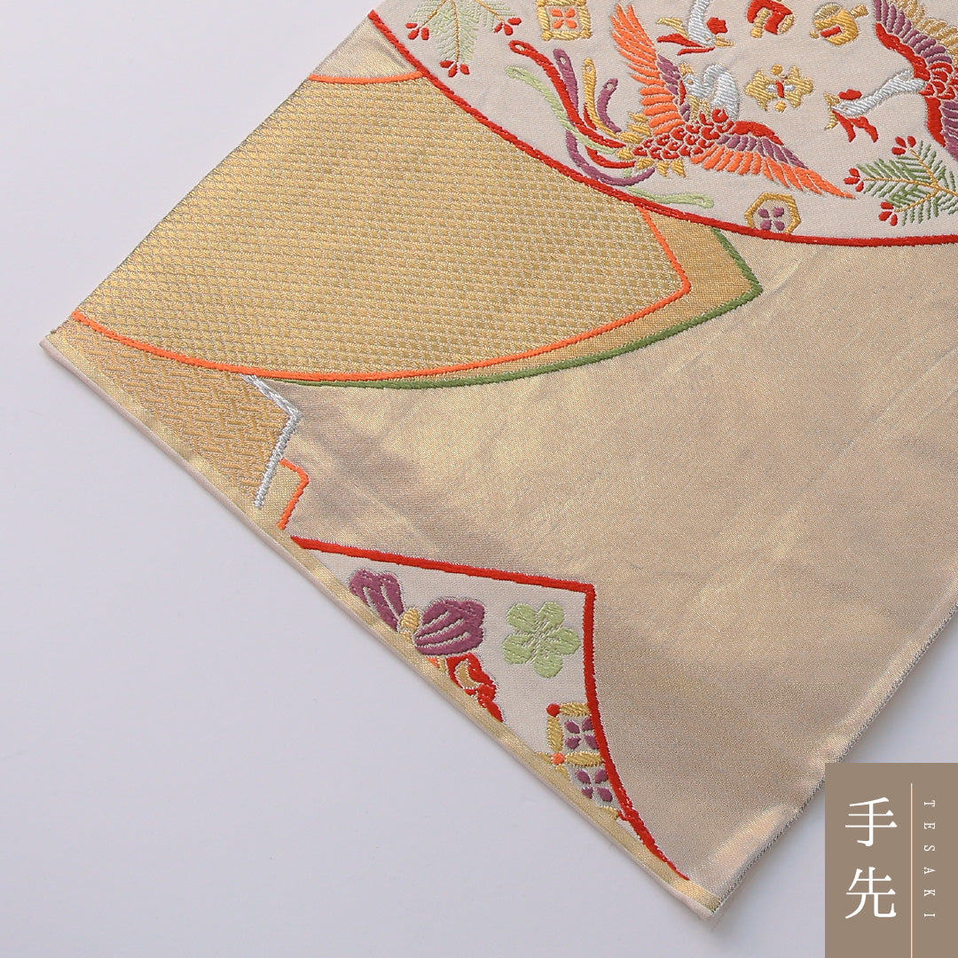 袋帯 帯丈428cm 正絹 六通 フォーマル 扇面文 鳳凰 金系 1243-01935