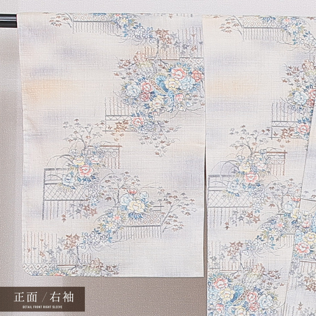 紬 袷 身丈164cm 裄丈66cm 正絹 Aランク Lサイズ 広衿 カジュアル 牡丹 クリーム系 1216-16662