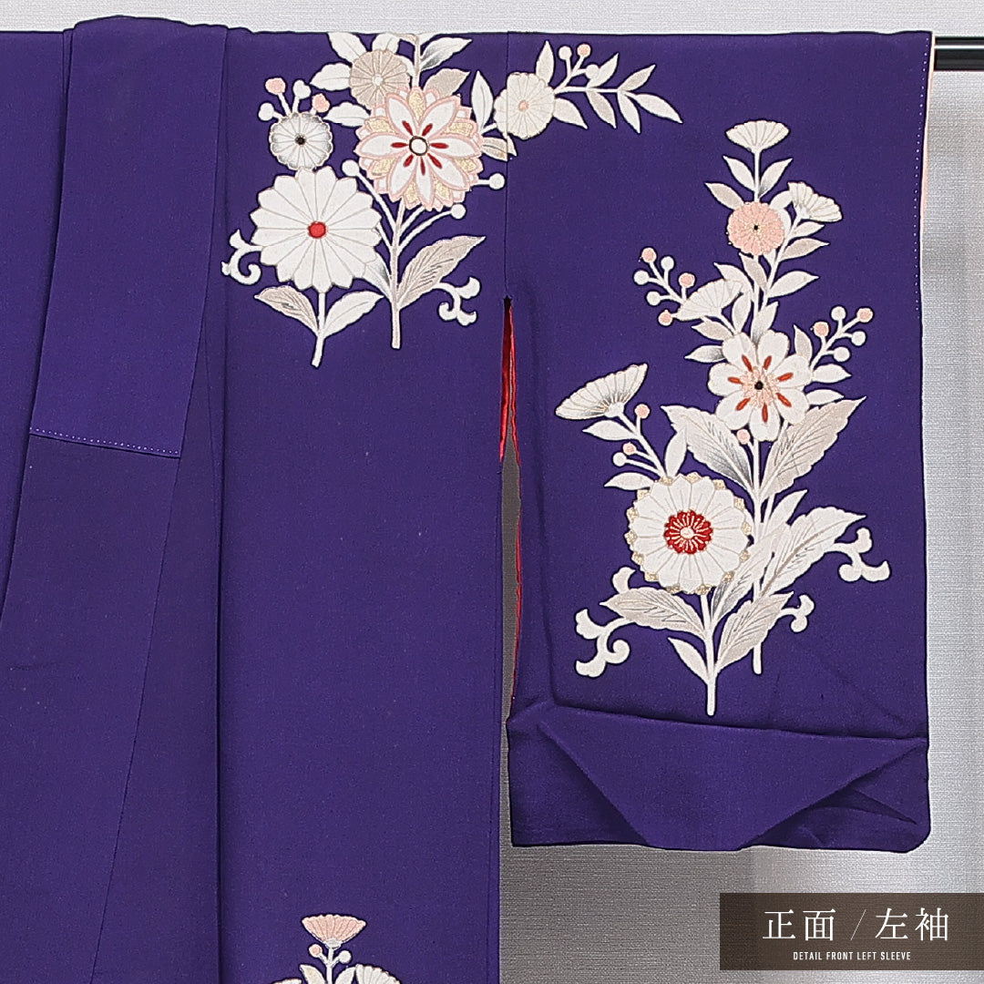 アンティーク 訪問着 袷 身丈156cm 裄丈61cm 正絹 Bランク Mサイズ 広衿 花柄 金彩 紫系 1212-15973