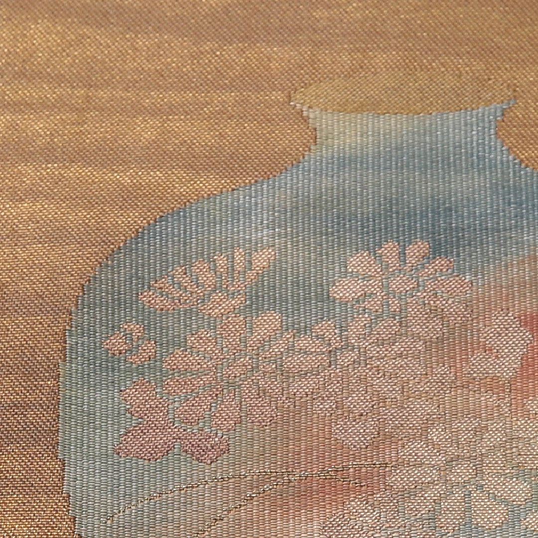 九寸名古屋帯 Aランク 帯丈355cm 正絹 ポイント柄 名古屋仕立て 織り インフォーマル 綴れ織 花瓶 くすんだ黄系 RP 1245-03558
