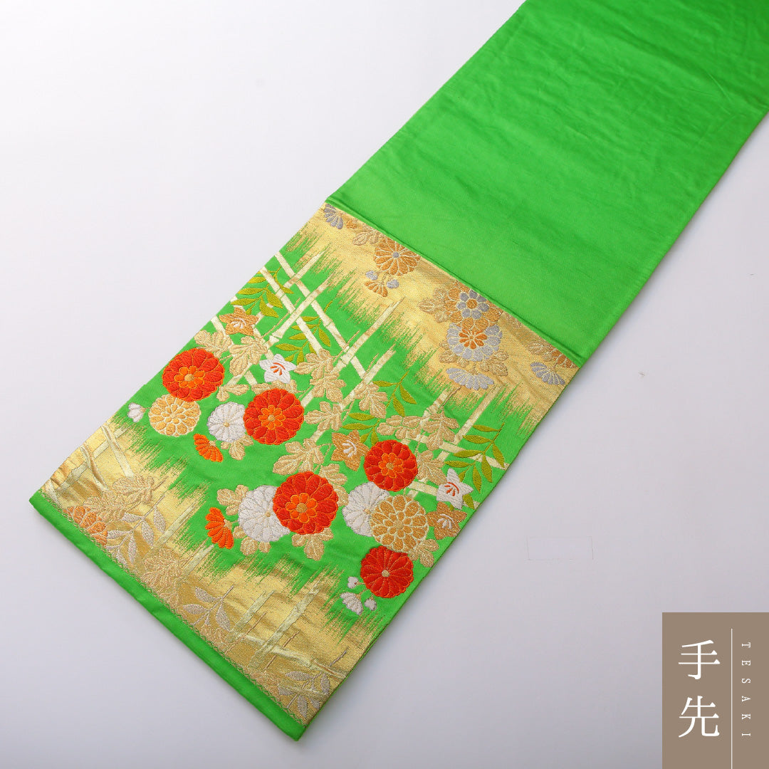 袋帯 帯丈420cm フォーマル 六通 Sランク 正絹 菊 金系 緑系 1223-02003