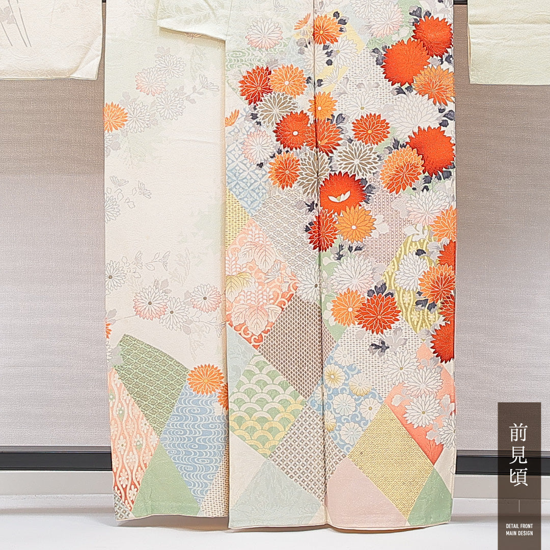 振袖 袷 身丈160cm 裄丈64cm フォーマル Cランク Lサイズ 正絹 広衿 七宝 菊 1213-F0758