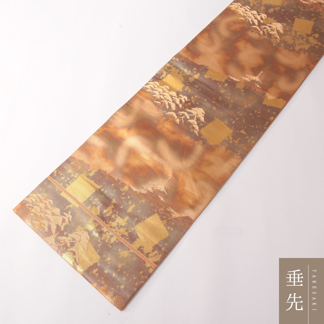 袋帯 帯丈436cm 正絹 六通 セミフォーマル こはく錦 京洛百景 朱系 金系 1243-01766