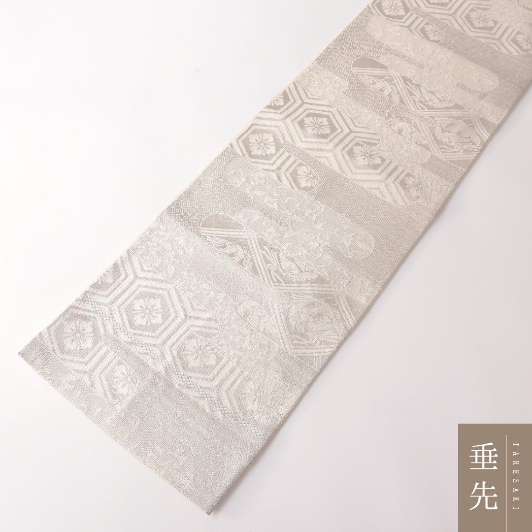 袋帯 帯丈412cm 正絹 全通 フォーマル 花菱亀甲 吉祥文様 銀系 白系 1243-01834