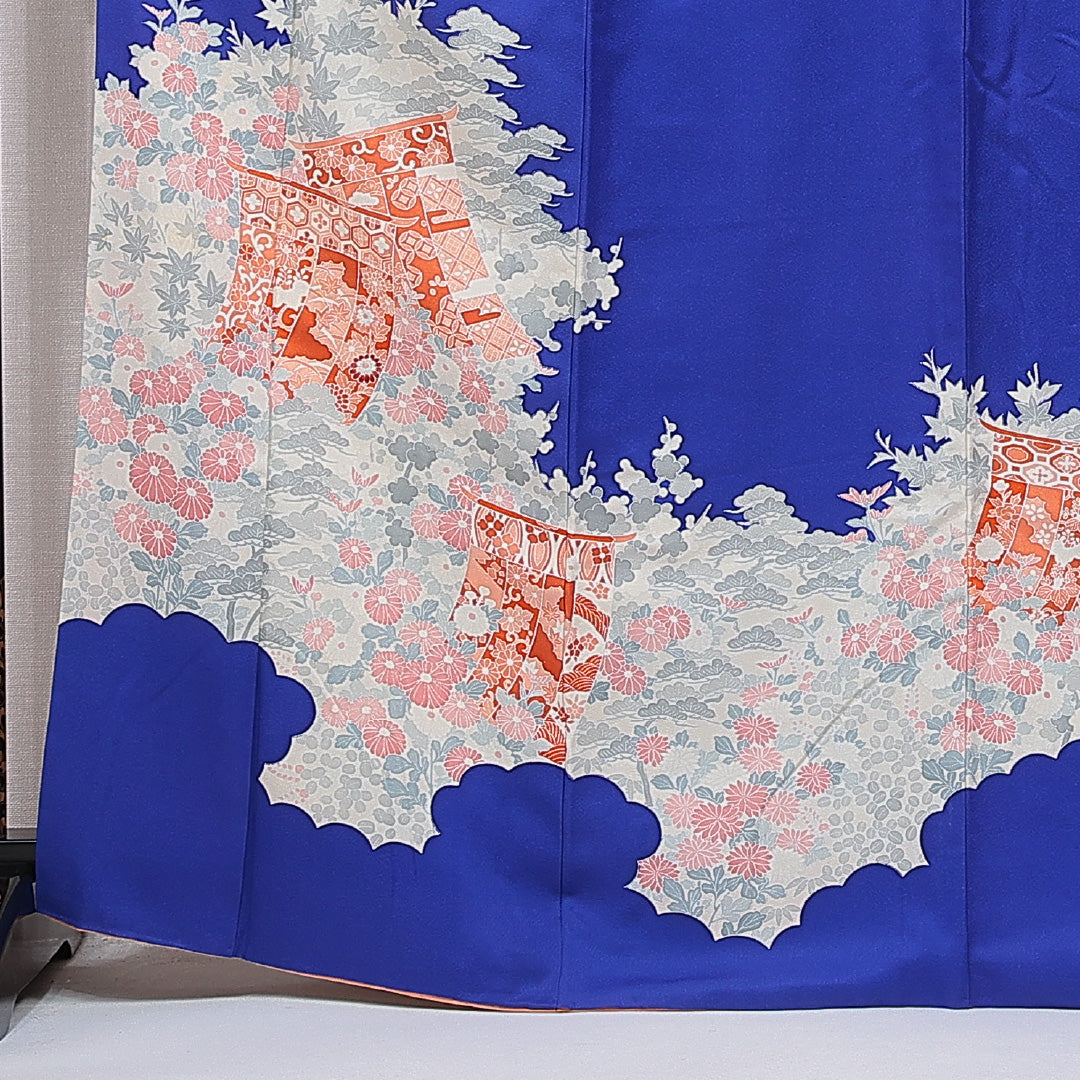 訪問着 袷 身丈166cm 裄丈66cm 正絹 Sランク XLサイズ 広衿 セミフォーマル 几帳 梅 松 青系 1212-15749