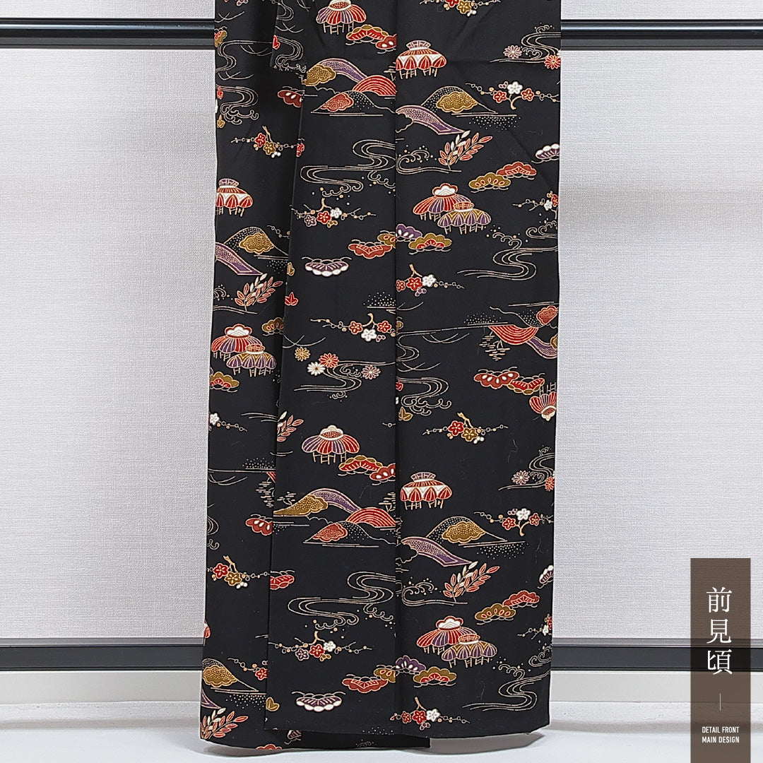 洗える着物 紬 単衣 身丈160cm 裄丈63cm ポリエステル Sランク カジュアル バチ衿 Lサイズ 染め紬 梅 笠松 黒系 RP 1223-16280
