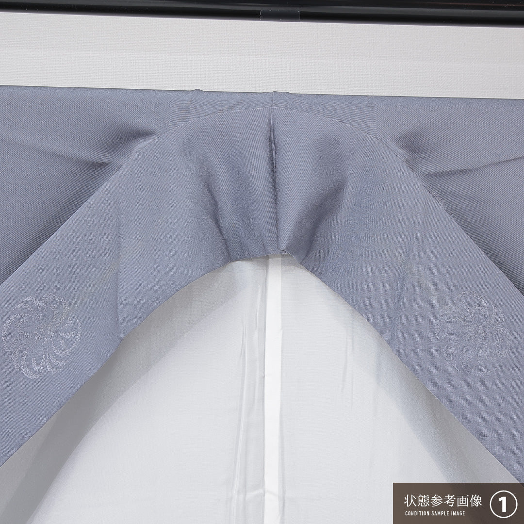 色無地 袷 身丈170cm 裄丈68cm 正絹 Aランク 2XLサイズ 広衿 一つ紋（木瓜に桔梗） セミフォーマル ガード加工 紋意匠 渦菊 無地 グレー系 1214-15116