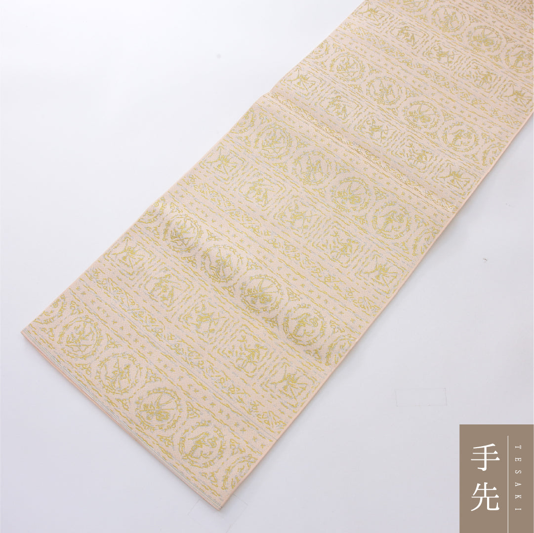 九寸名古屋帯 帯丈368cm カジュアル 開き仕立て 全通 未仕立て Cランク 正絹 丸文 ピンク系 1224-03983