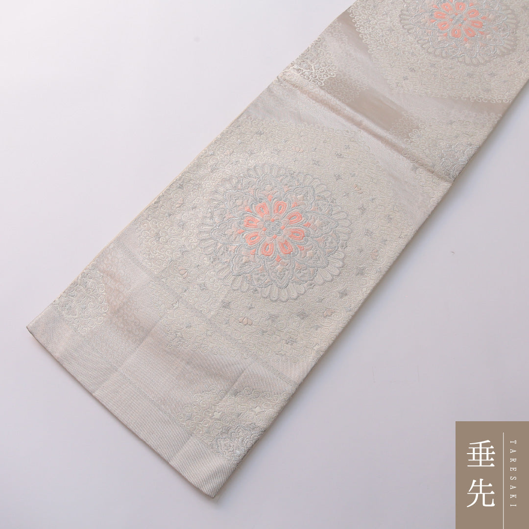 袋帯 帯丈432cm 正絹 六通 フォーマル 宝相華 古典柄 白系 銀系 1243-01970