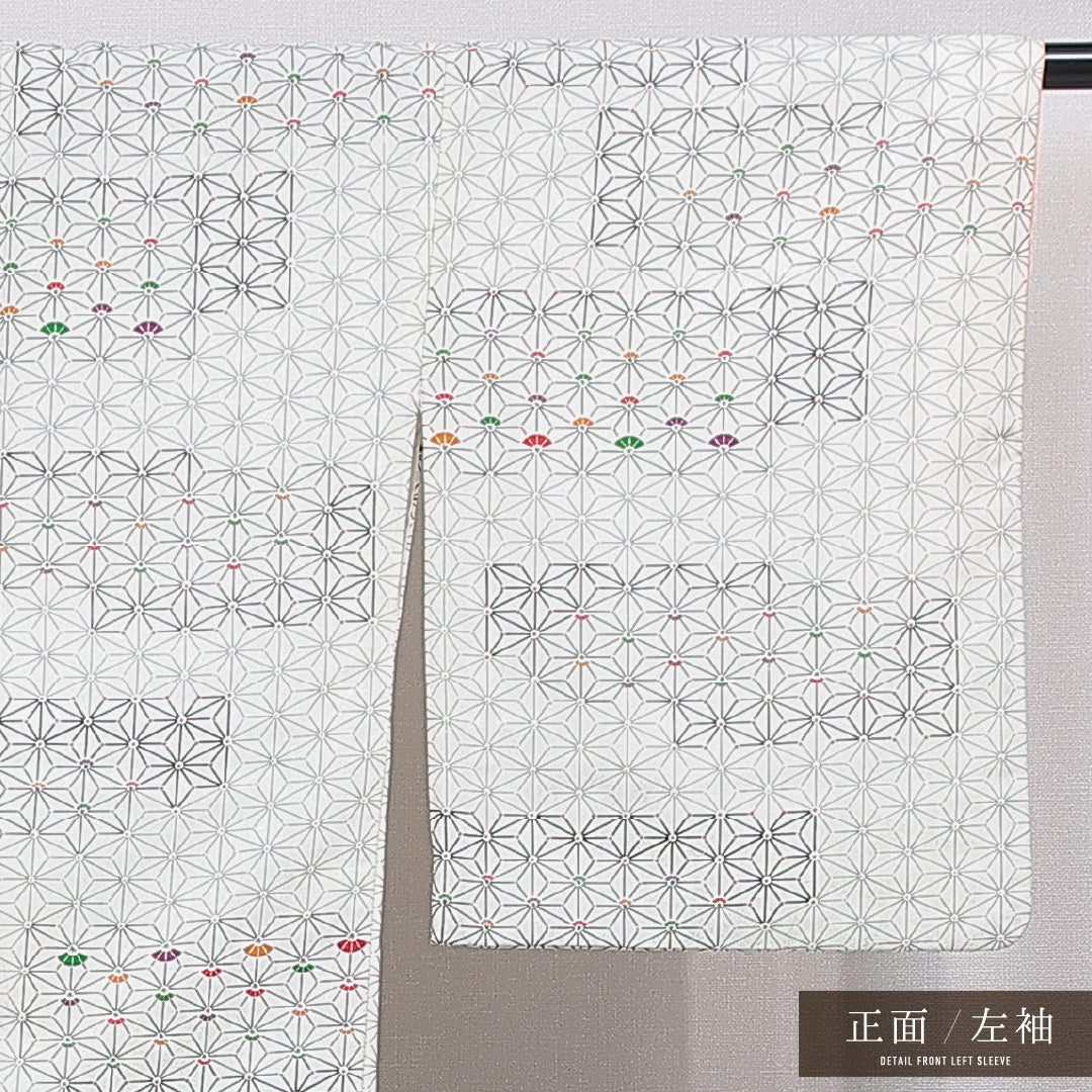 小紋 洗える着物 袷 身丈162cm 裄丈63cm ポリエステル Bランク Lサイズ 広衿 インフォーマル 麻の葉 白系 1215-15798