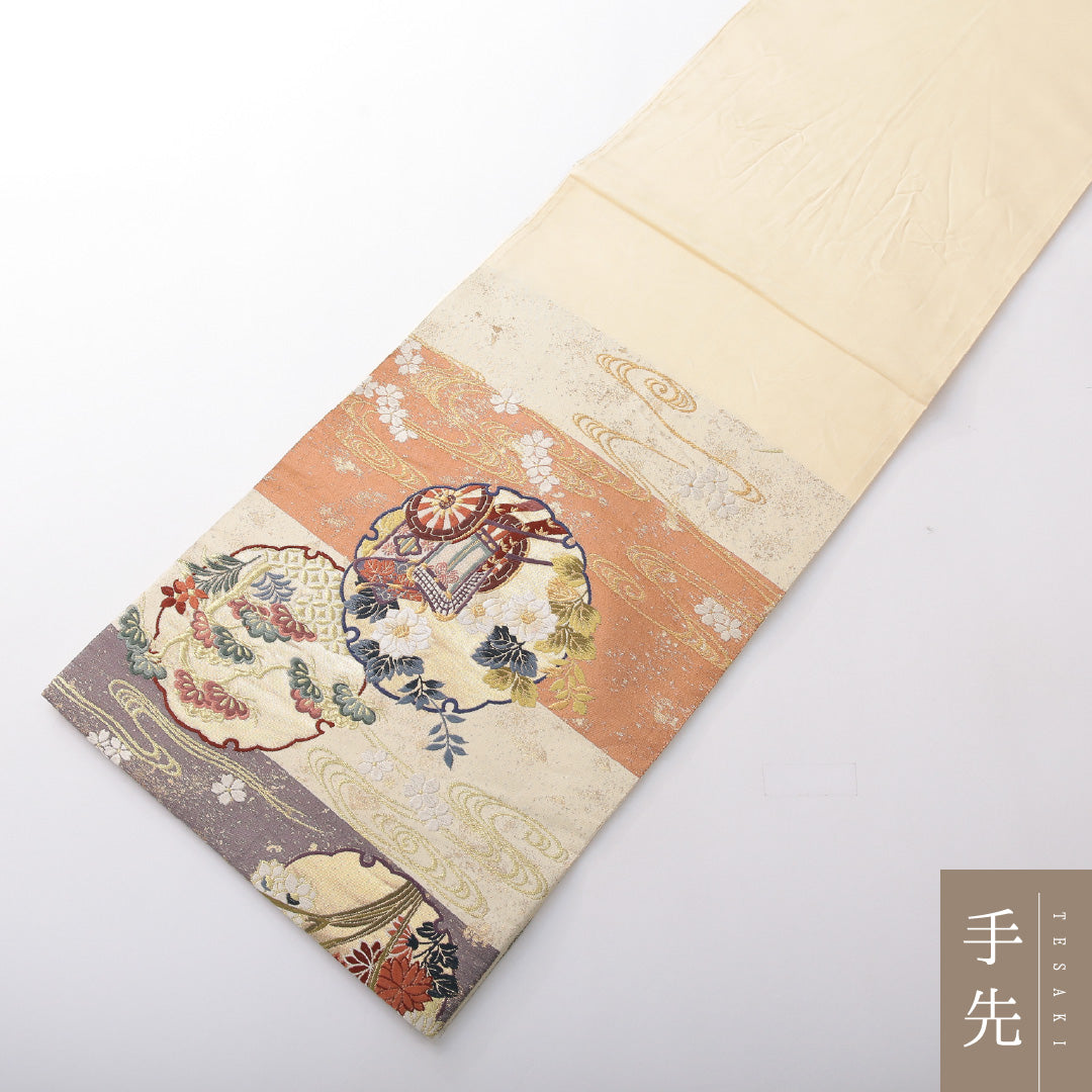 袋帯 帯丈428cm 正絹 六通 フォーマル 御所車 雪輪 クリーム系 1243-02105