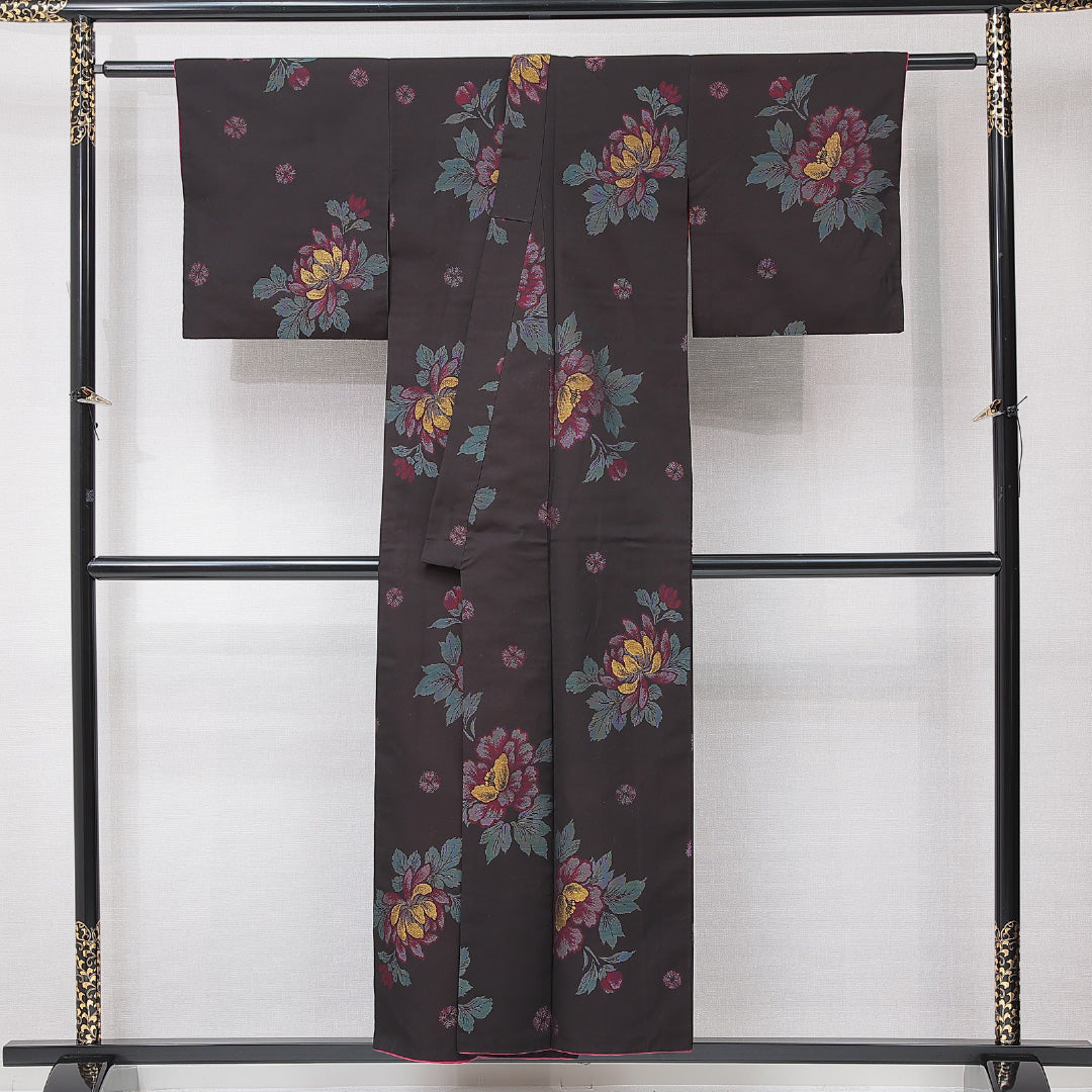 アンティーク お召 袷 身丈151cm 裄丈62cm 正絹 Bランク バチ衿 Sサイズ 花柄 茶系 M4 1222-15145