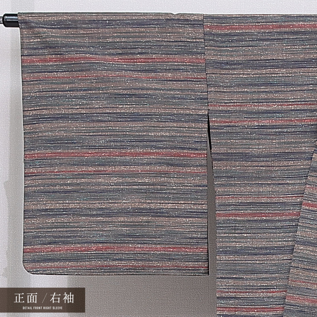 紬 単衣 身丈155cm 裄丈66cm 正絹 Cランク カジュアル 広衿 Mサイズ 肩当て 縞 茶系 LP 1223-15538
