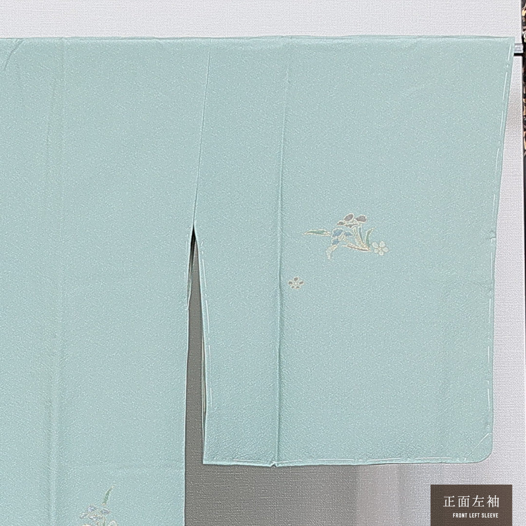 道行コート 袷 身丈92cm 裄丈66cm 正絹 Sランク セミフォーマル Mサイズ 金駒刺繍 ポケットあり 菖蒲 水色系 M4 1237-16860