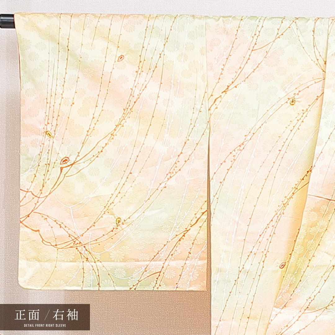 洗える着物 小紋 袷 身丈159cm 裄丈66cm ポリエステル Sランク 紋意匠 (菊) インフォーマル バチ衿 Mサイズ 部分絞り 創作柄 黄系 RP 1221-15953